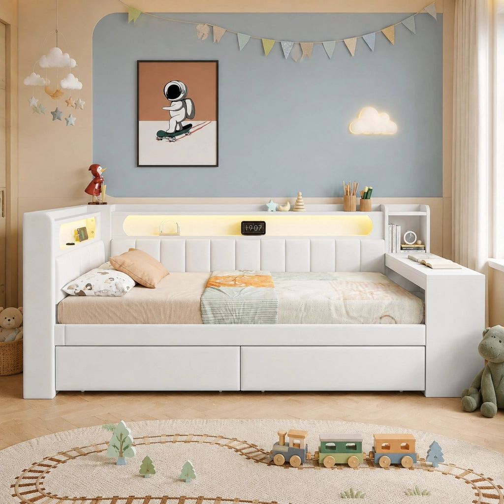 Daybed imbottito 90x200 cm con USB; LED; scrivania e 2 cassetti; bianco