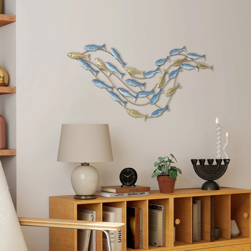 Banco di Pesci Decorazione Parete in Metallo ¨C zephmum ¨C Oro e Blu 99.7x50.2 cm