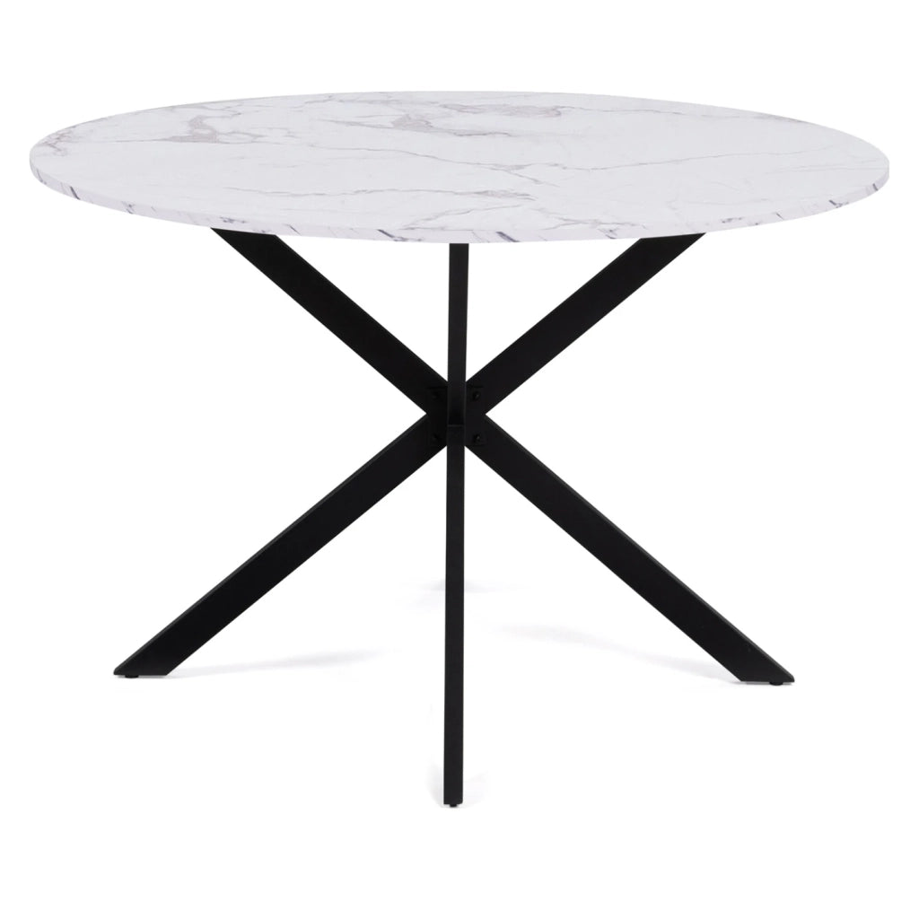 IDMarket - Tavolo da pranzo rotondo per 4-6 persone ALASKA con effetto marmo bianco e gamba a ragno in metallo 110 cm