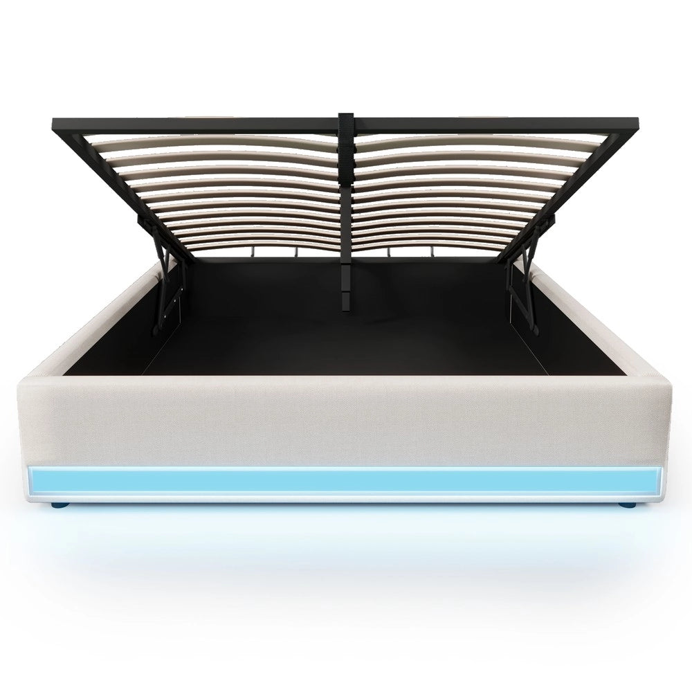 Letto Contenitore Imbottito con LED ¨C MINIMAL ¨C 140x200, USB, Beige, Idraulico, Senza Testiera