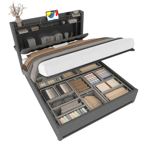 Letto 160x200cm imbottito - Xylo - grigio USB-C idraulico LED