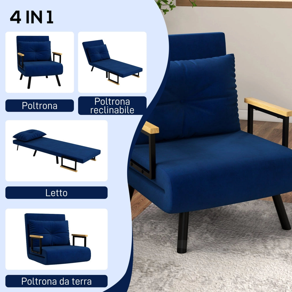 Poltrona Letto Singolo Reclinabile con Cuscino Sfoderabile in Tessuto Effetto Lino Blu