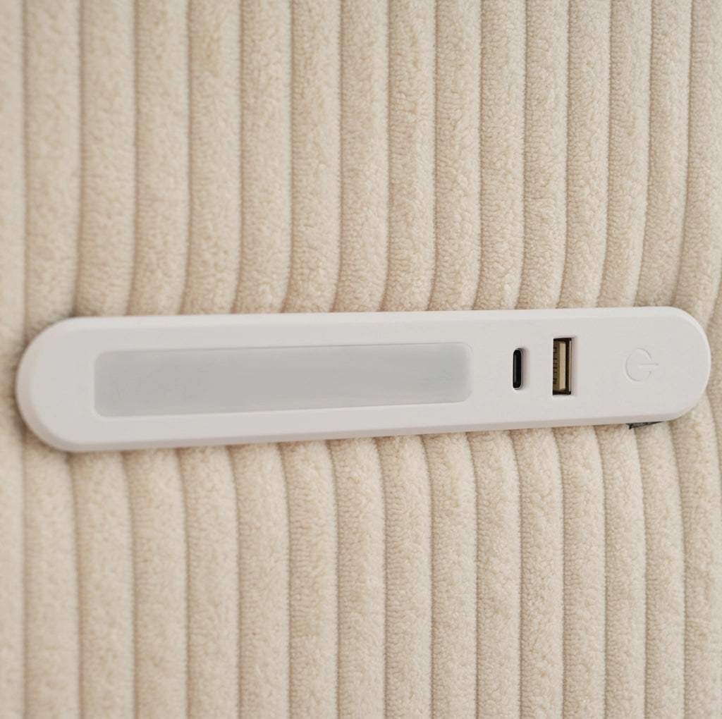Letto matrimoniale 180x200 cm con contenitore; testiera con mensola e luce LED; tessuto corduroy beige