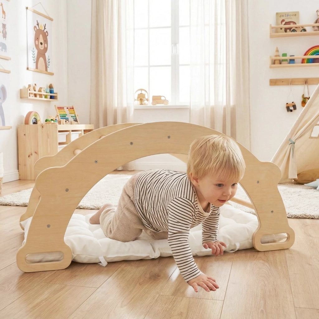 Arco arrampicata per bambini con cuscino scala montessori 3-in-1 per arrampicata, Arco giocattolo in legno Legno naturale-Arrampicate e scivoli