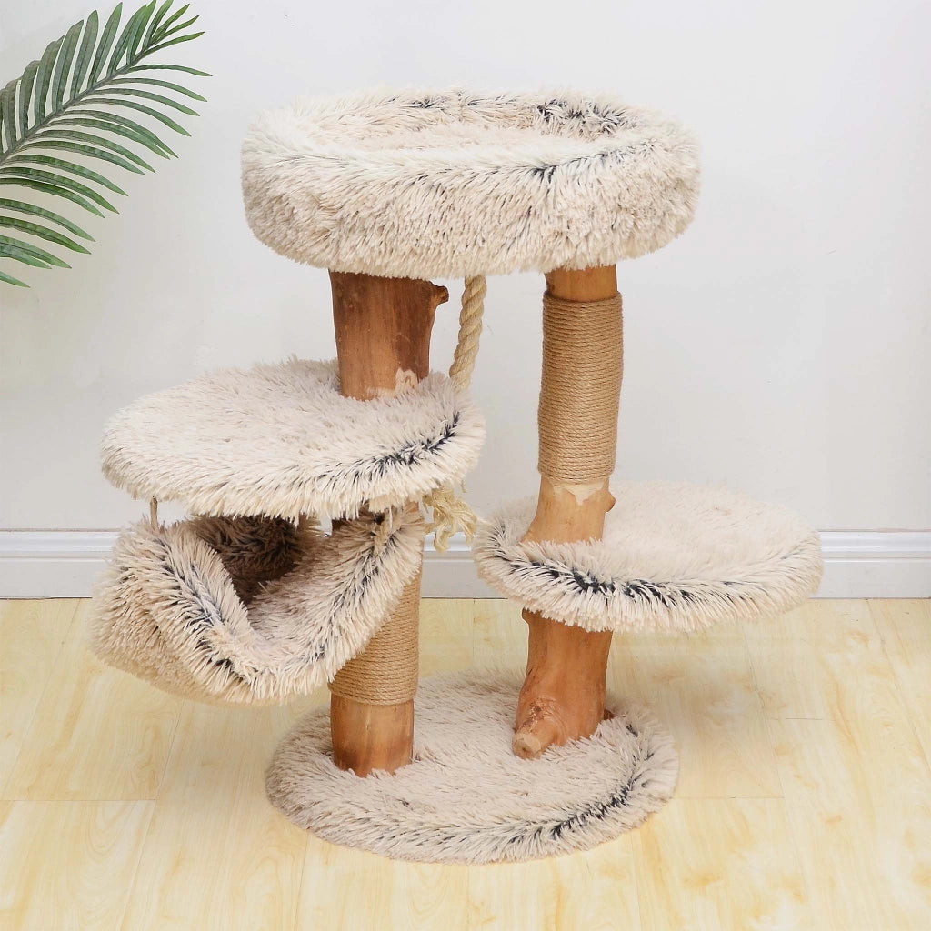 Fudajo Albero tiragraffi di design 87,5 cm con peluche e tronco in legno di pero