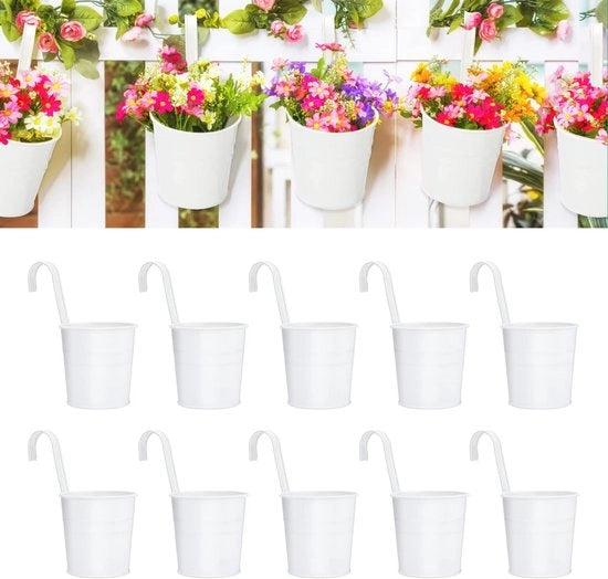 Set da 10 di vasi da fiore appesi, 10cm, metallo bianco, grande vaso appeso con gancio e foro rimovibile, per balconi, cancelli, finestre e ringhiere