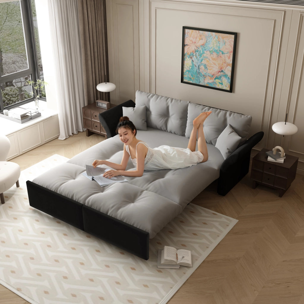 Divano letto 3 in 1 - con funzione chaise longue e 2 cuscini - in velluto - grigio chiaro
