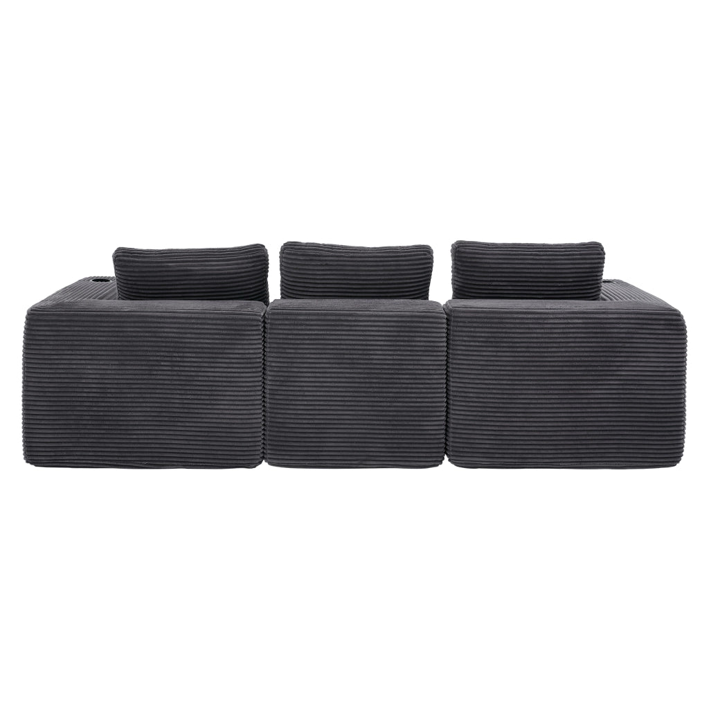 Divano lineare compatto con 3 cuscini e doppi portabicchieri in poliestere grigio scuro per piccoli spazi 265 × 176 × 60 cm
