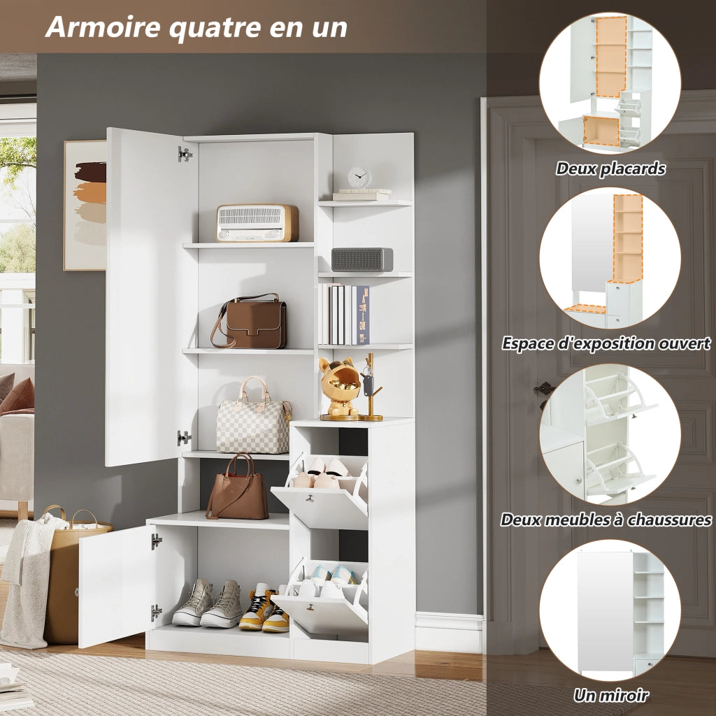 Mobile ingresso con specchio; 2 ante; 5 vani aperti e 2 scarpiere pieghevoli; in truciolare bianco; 85 Ã— 40 Ã— 180 cm