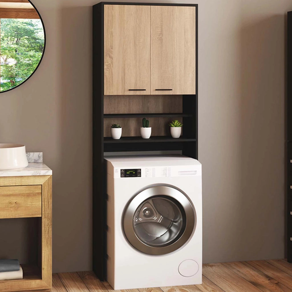 IDMarket - Scaffalatura WALLIS nera e in faggio per lavatrice e piano WC