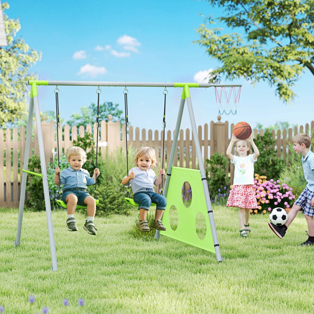 Gioco per Bambini 3 in 1 238x180x182 cm con 2 Altalene Canestro e Porta da Calcio Verde e Grigio