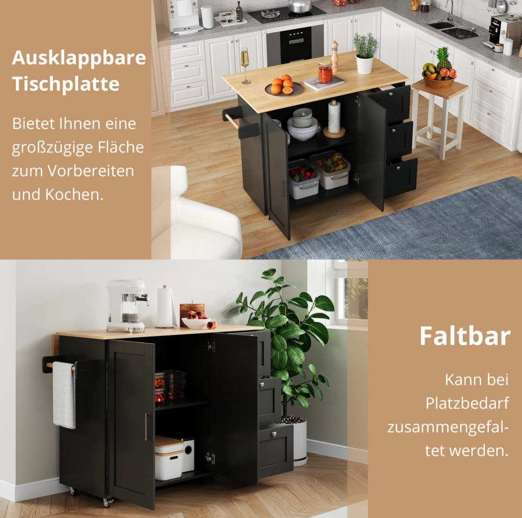 Isola da cucina mobile pieghevole 135x44(70)x90 cm in MDF nero e naturale