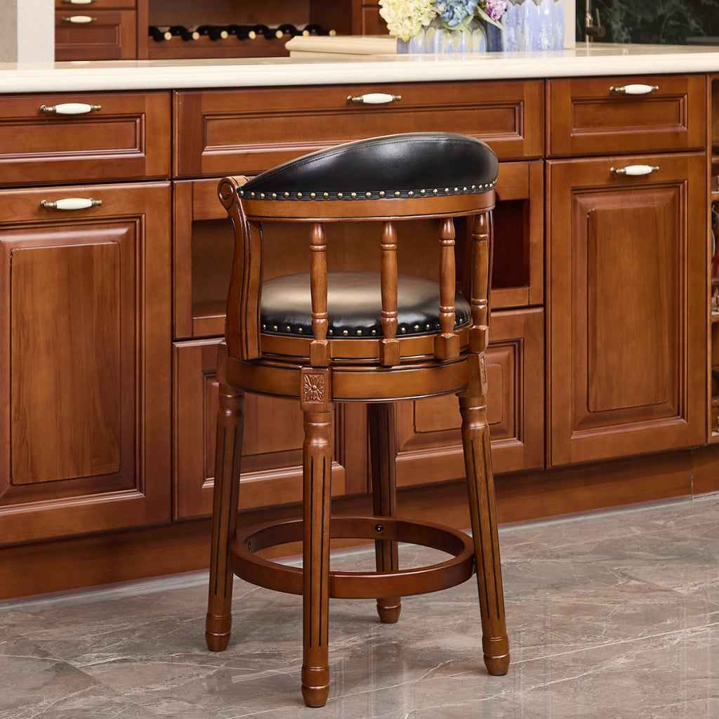 Sgabello da Bar Girevole con Schienale ¨C MINIMAL ¨C Pelle di Vacchetta, Legno, Seduta Alta