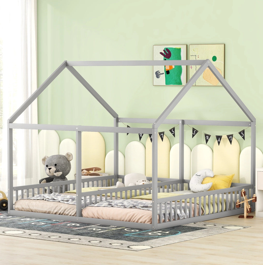 Letto per bambini 2 in 1 90x200 cm a casetta; grigio; in pino e MDF