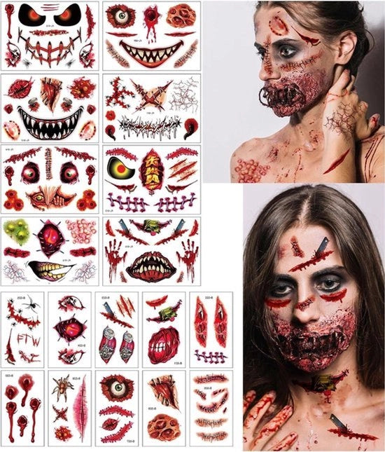 Tatuaggio Faccia per Halloween - Adesivi Acquatici Temporanei - Finte Tatuaggi - Faccia - Prostetica per Adulti - Festa di Halloween - Mascherata di Carnevale - Costume da Carnevale