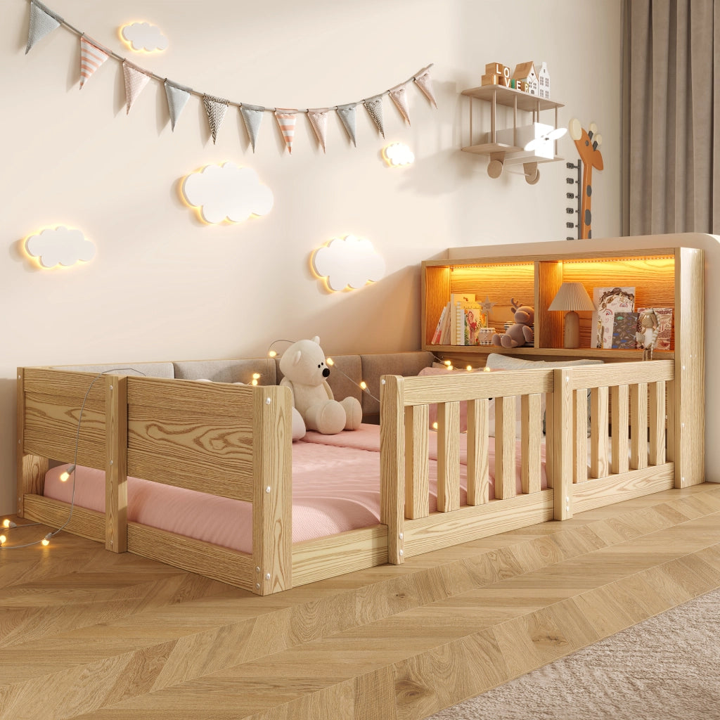 Letto Singolo 90 x 200 cm con LED e contenitore nella testiera - in truciolare; Naturale