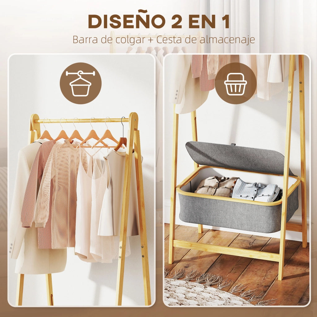 Appendiabiti con Portascarpe ¨C Xylo ¨C Bamb¨´ con Cesta Grigio 60x44,5x157,5 cm