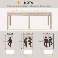 Panca Fondoletto Imbottita Stile Vintage in Tessuto e Gambe in Legno, 117x40x48 cm, Crema