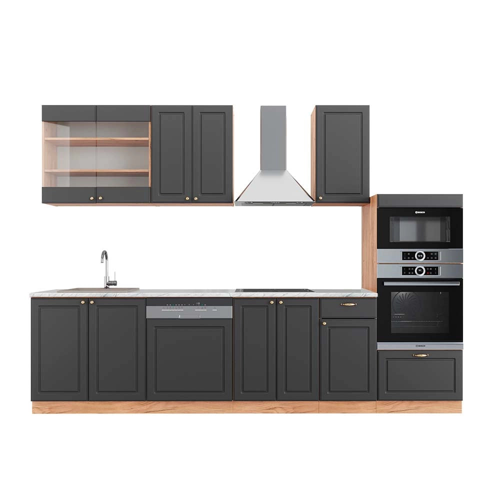 Cucina componibile Fame-Line Antracite rustico/Rovere dorato 300 cm con armadio alto, PL Marmo Vicco