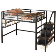 Letto a Soppalco per Bambini; Letto Matrimoniale con Scaffali; Scala Contenitore e Sponda; 140 x 200 cm; senza Materasso
