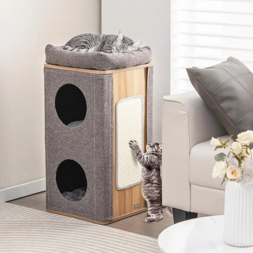 Casetta per Gatti a 3 Piani, Cuccia per Gatti con Tiragraffi, 2 Scomparti Coperti e 3 Materassini, Casa per Gatti Moderna con Graffiatoio da Interno