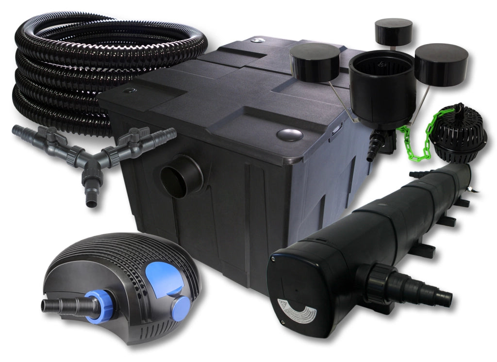 Set filtro per laghetto da 60.000l Chiarificatore 72W Pompa ECO 100W Tubo 25m Skimmer