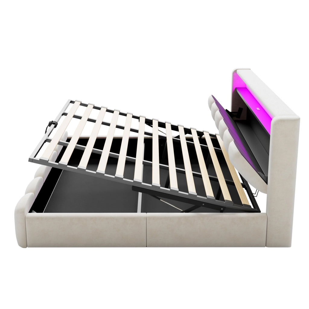 DESMIU Letto Contenitore 180 × 200 cm 2 Posti con LED, USB, Type-C e vani, senza materasso, Beige