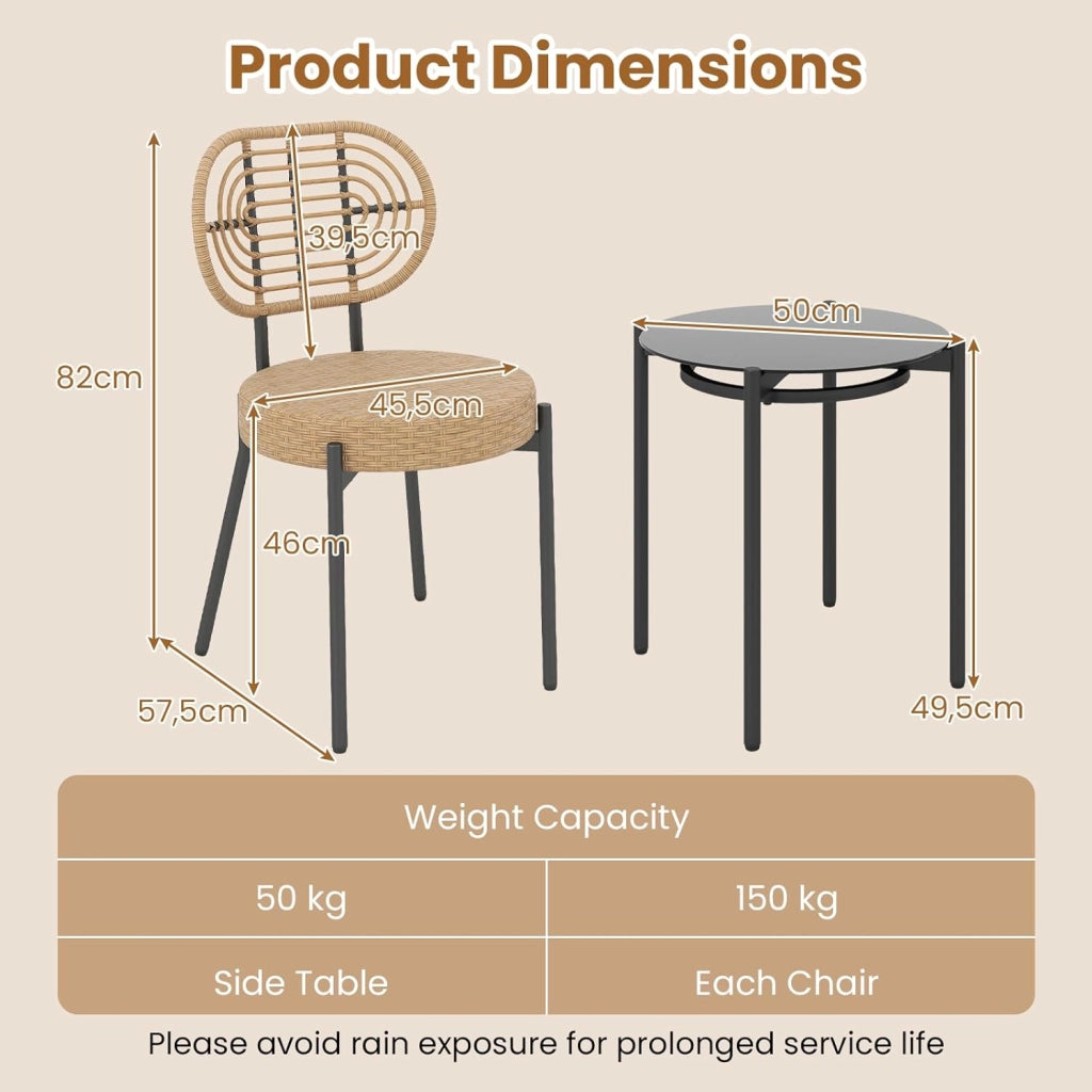 Set Salotto da Giardino 3 Pezzi, Sedie in Rattan PE e Tavolo con Piano in Vetro Temperato, Struttura in Metallo Resistente, Mobili da Esterno per Patio, Balcone e Terrazza