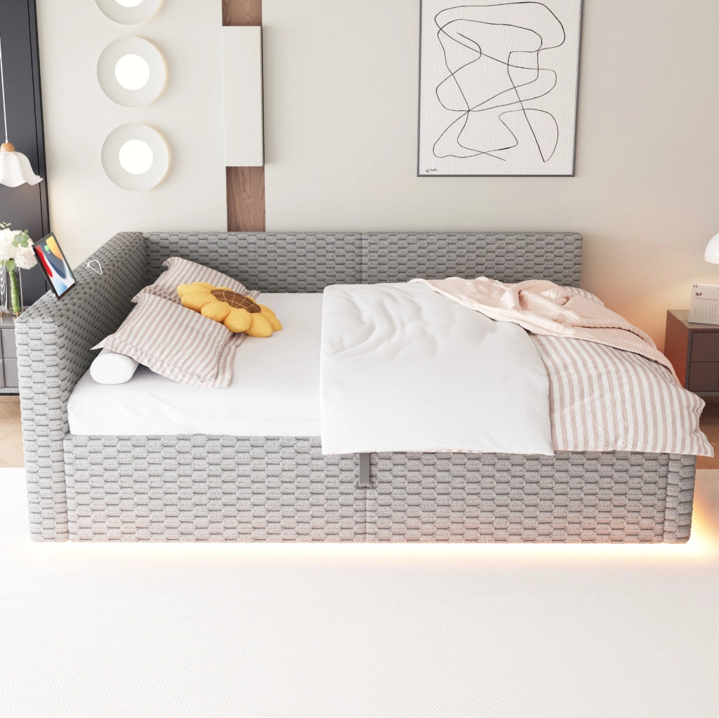 Letto imbottito 140x200 cm grigio in velluto con LED e ricarica USB-C