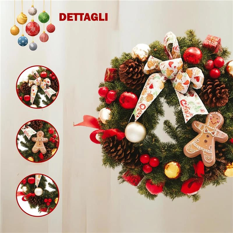 MAURY'S GHIRLANDA DI NATALE IN PVC VERDE CON FIOCCO DECORAZIONI VARIE E GINGERBREAD DIMENSIONI 40 CM
