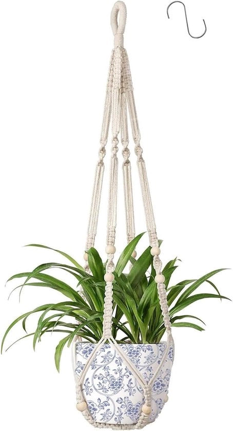 Porta piante a maglia - Corda di cotone per interni - Supporto per piante appeso con campanelli in legno - Vaso decorativo per piante - Supporto per piante murale - 1 uncino - Per esterni giardino - Decorazione boho per la casa - Senza spilli - 90 cm