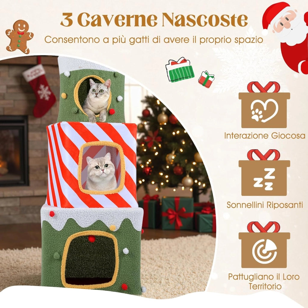 Albero di Natale per Gatti da Interno, Tiragraffi per Gatti con 3 Condo, Caverne Nascoste e Pallina Appesa, Grande Torre Impilabile a Forma di Scatola Regalo per Decorazioni Natali