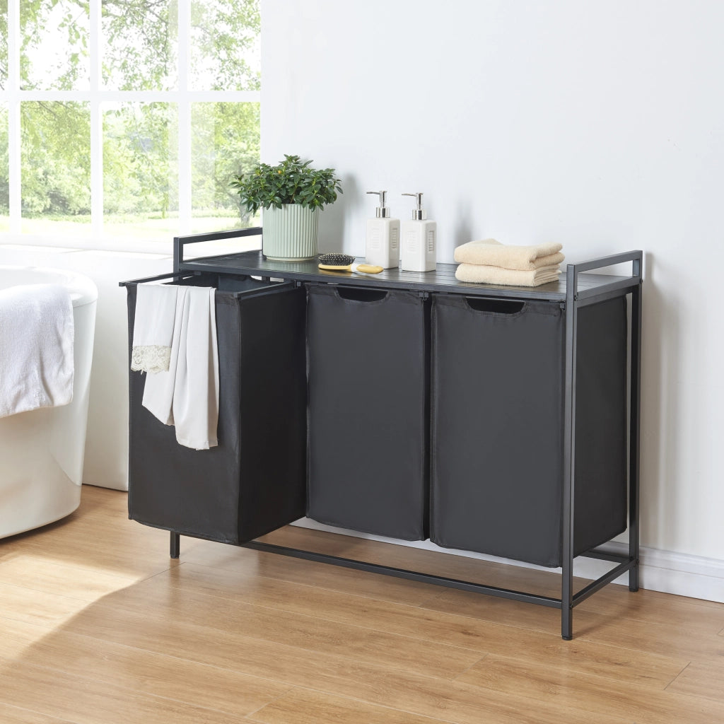 Mobile Portabiancheria Saltvik Sacchi Rimovibili Capienza 3x 45 L - Nero [en.casa]