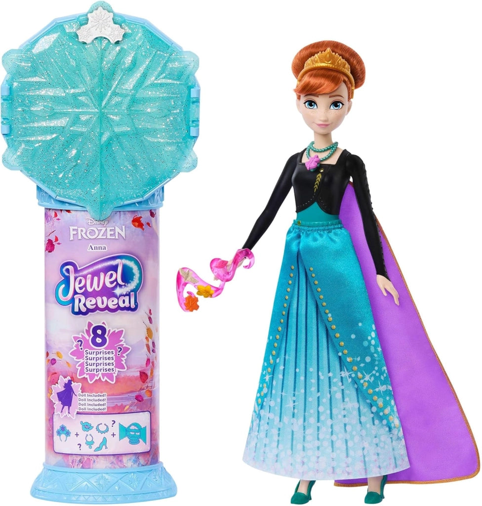 Disney Frozen - Anna Jewel Reveal, bambola ispirata al film con 9 accessori di gioco inclusi, 8 sorprese tra cui portagi