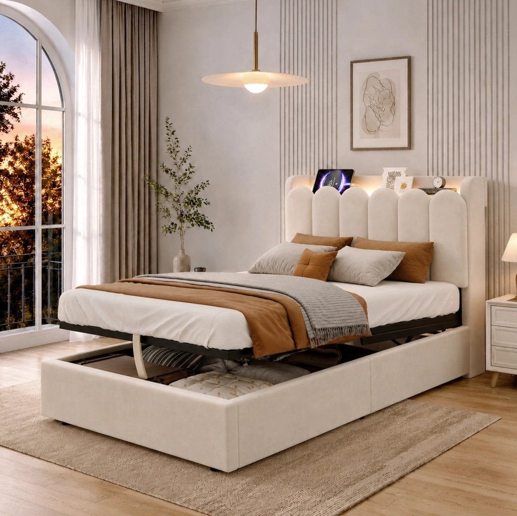 Letto singolo imbottito per bambini 90x200 cm con contenitore; USB e Type-C in velluto beige