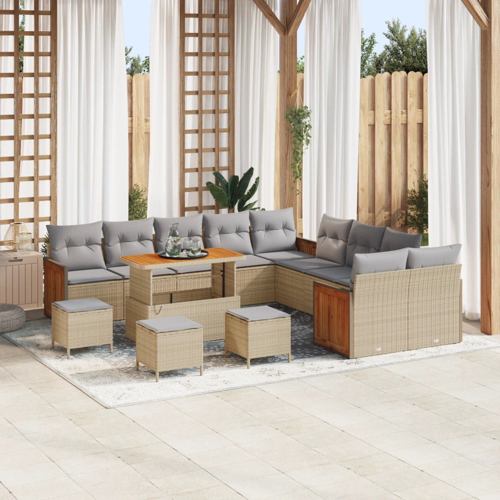 Set Divano da Giardino  14 Pezzi con Cuscini Beige Polyrattan Acacia