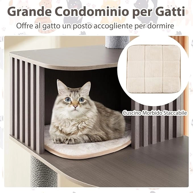 Albero per Gatti a 6 Livelli, Torre per Gatti Alta 171 cm con Cuscino, Condominio, Tappetini Staccabili e Pannello in Sisal, Albero Tiragraffi in Legno con Palla Pompom Appesa