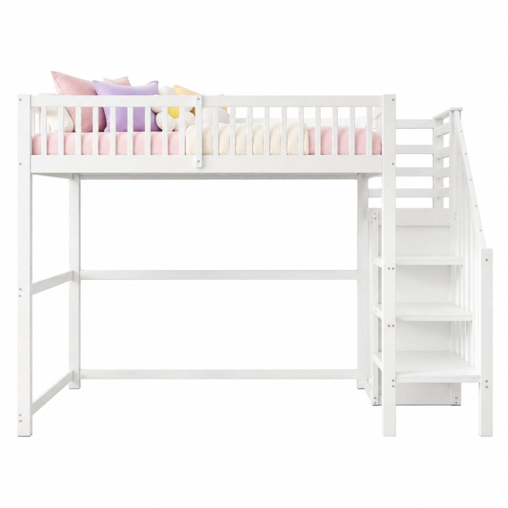 Hochbett singolo 90x200 cm in legno bianco con scala sicura e armadio integrato