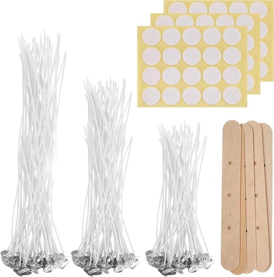 Set di lumi per DIY 150 pezzi, comprensivo di lumi a cera naturale 10 cm/15 cm/20 cm con lumi a cera tenuta in legno e adesivi per sigillatura a doppia faccia per la produzione di candele