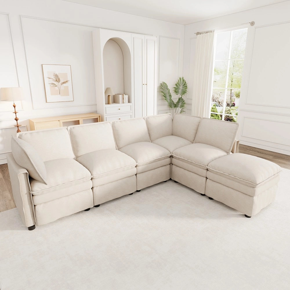 Divano letto angolare modulare ¨C Minimal ¨C beige in tessuto chenille con cuscini, cassetti e sgabello mobile