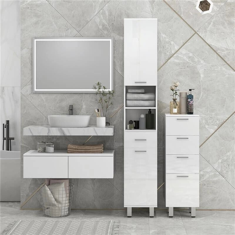 MOBILETTO BAGNO IN TRUCIOLATO CON 4 CASSETTI E BASE RIALZATA, 30X30X93 CM, BIANCO