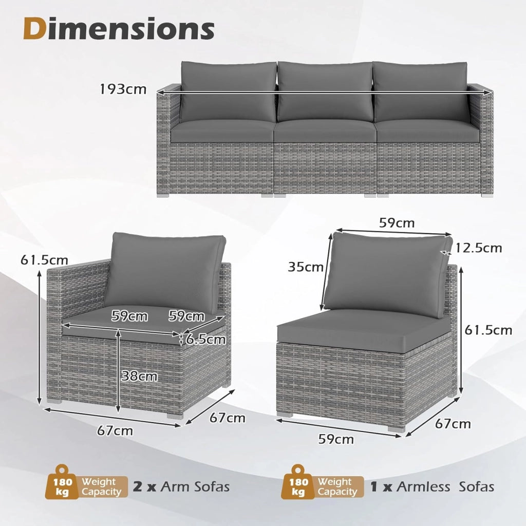 Divano da Giardino a 3 Posti in Rattan con Cuscino Imbottito, Mobili per Terrazza e Balcone, Colore Beige, 193 x 67 x 61,5 cm (Grigio)