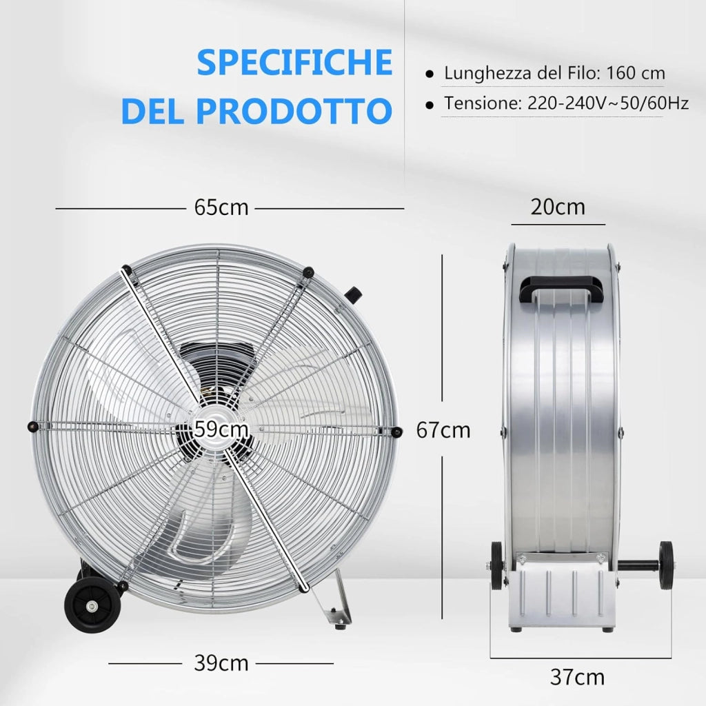 Ventilatore da Terra Industriale a 3 Velocità con Pale in Alluminio, Ventilatore a Piantana Potente ad Alta Velocità su Ruote in Gomma, 180W Max, 65x37x67 cm (Argento)