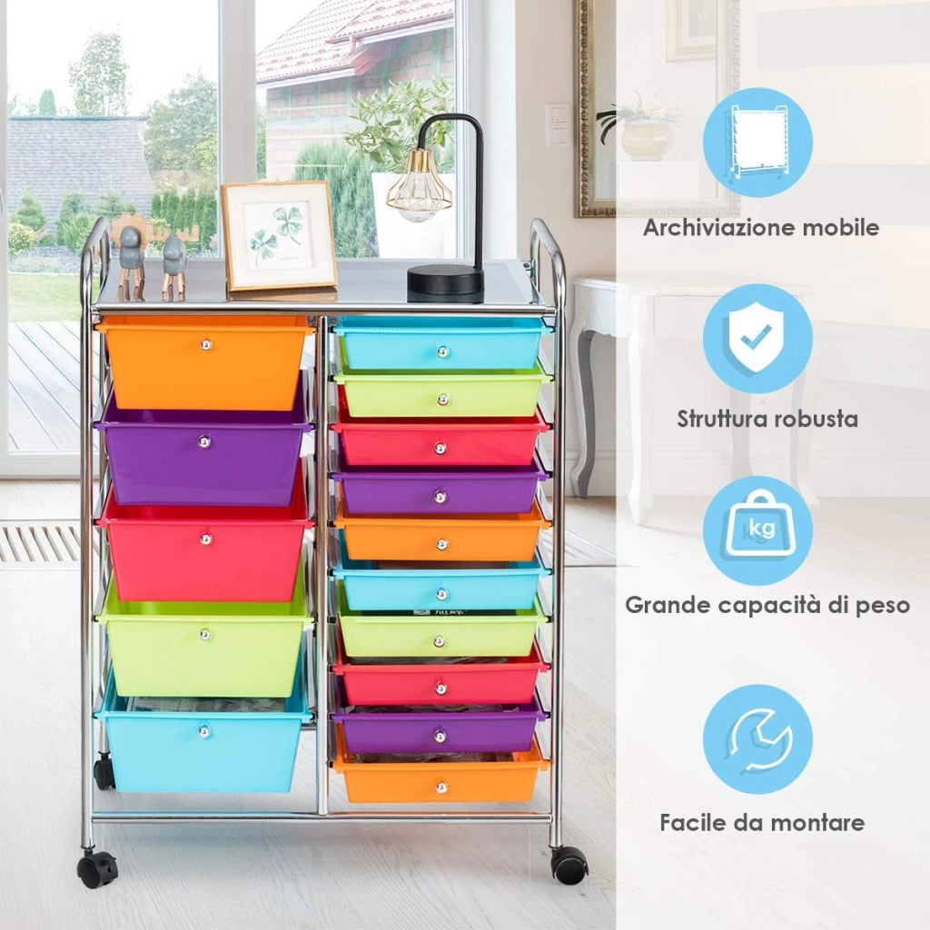 Carrello con 15 Cassetti Impilabili, Carrello di Stoccaggio con Ruote, Carello Portaoggetti per Casa e Ufficio, 62,5 x 37 x 87 cm (Vivace)