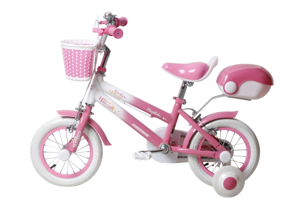 Bicicletta per Bambine Unicorn 12 Pollici con Stabilizzatori Bauletto e Cestino Rosa Rosa