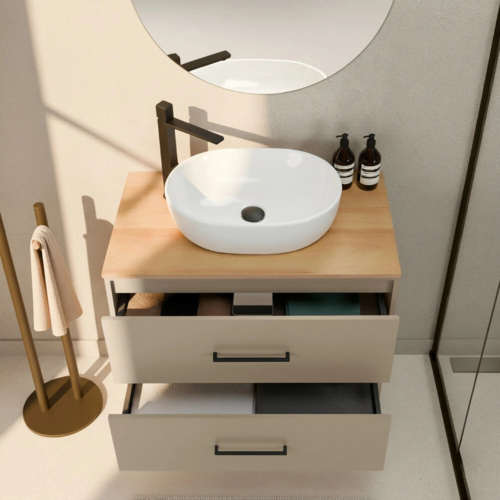 Mobile bagno sospeso 80cm tortora con due cassetti e specchio Brik