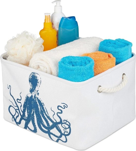 Mansarda opvoluta di tessuto con stampa octopode - rettangolare - 2 maniglie di corda - HBD: 235x365x315 cm - bianco/blu