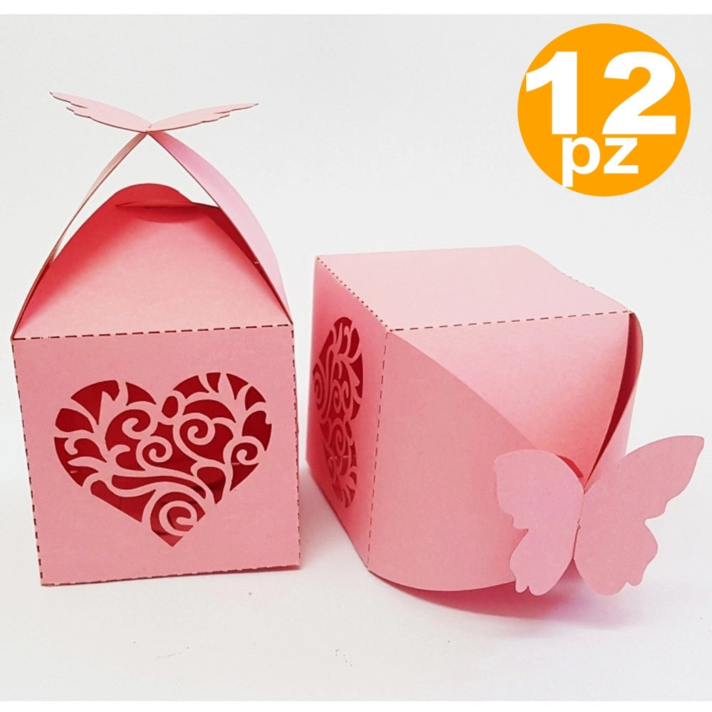 Trade Shop - Bomboniera Scatola Cuore Farfalla Rosa Portaconfetti Matrimoni Nascita Battesimo -