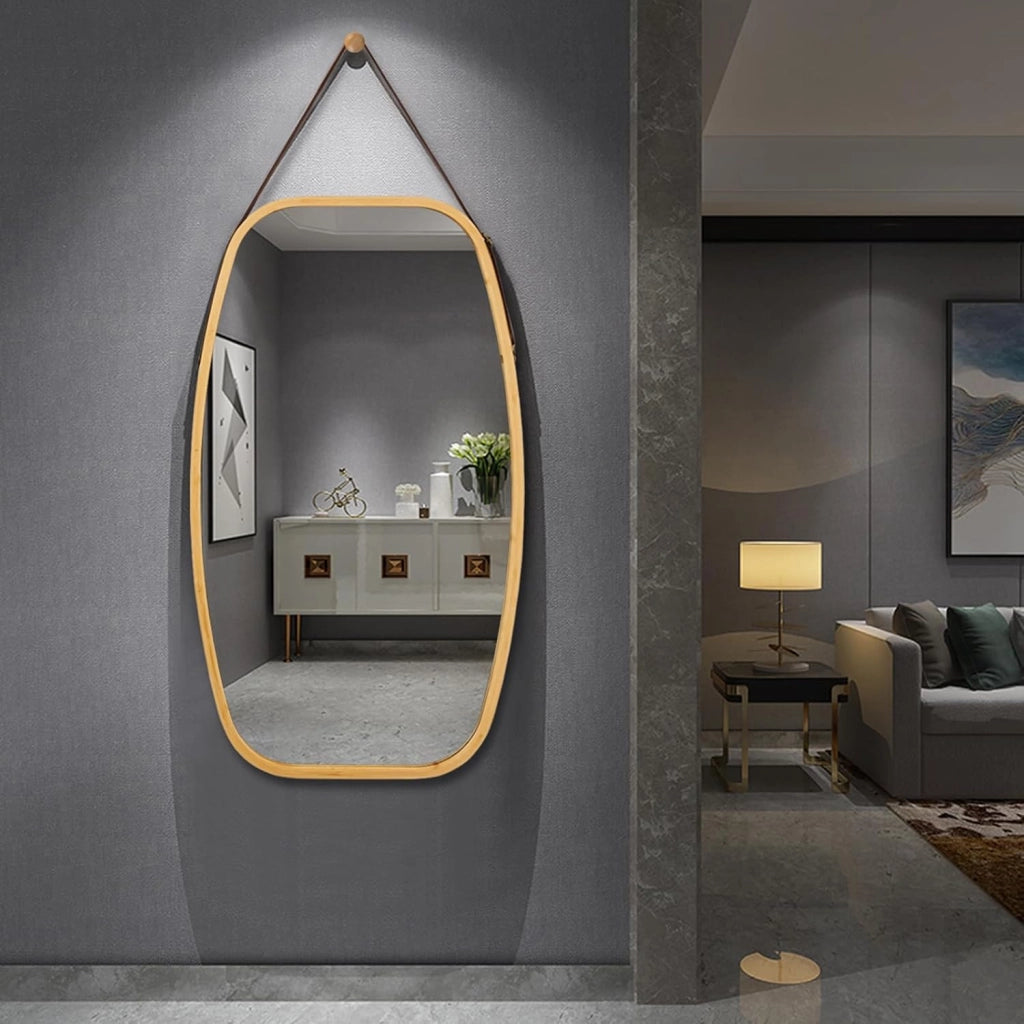 Specchio Ovale da Parete, Specchio Sospeso per Appendere, Cornice in Bambù, Moderno, per Bagno Camera da Letto Soggiorno (77 x 44 x 1,5 cm)