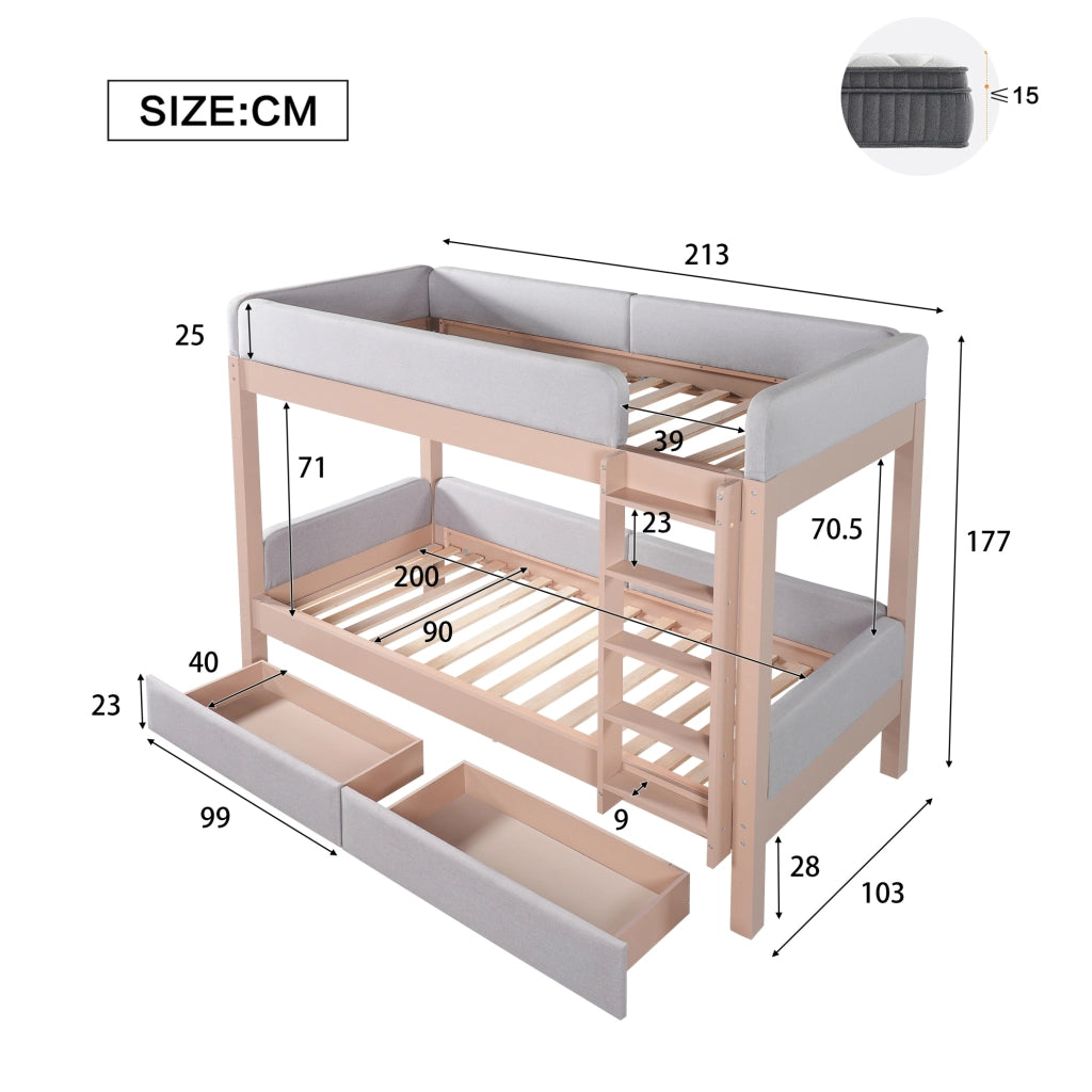 Letto a castello per bambini 90x200 cm grigio e naturale